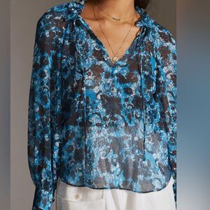 by Anthropologie XS Floral Blouse Blue/Black Sheer Peasant/Boho Long Sleeve